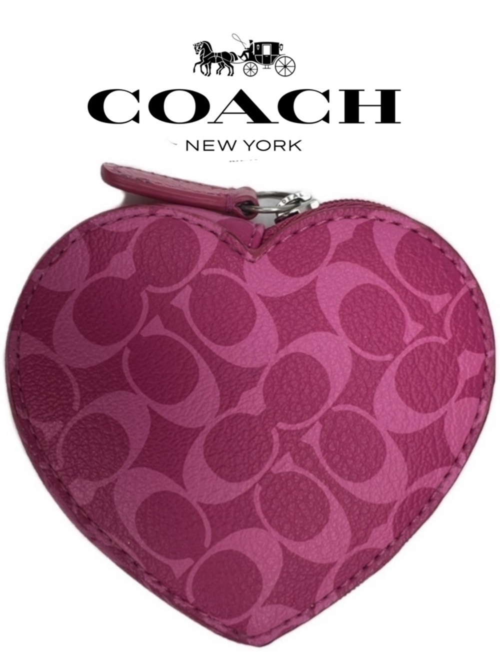 Coach Heart Pink Signature C Leather Zip Coin Bag Wallet